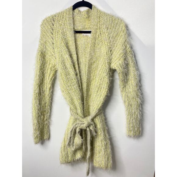 Anthropologie Yellow metallic, fuzzy, belted cardigan sweater small - Picture 4 of 8